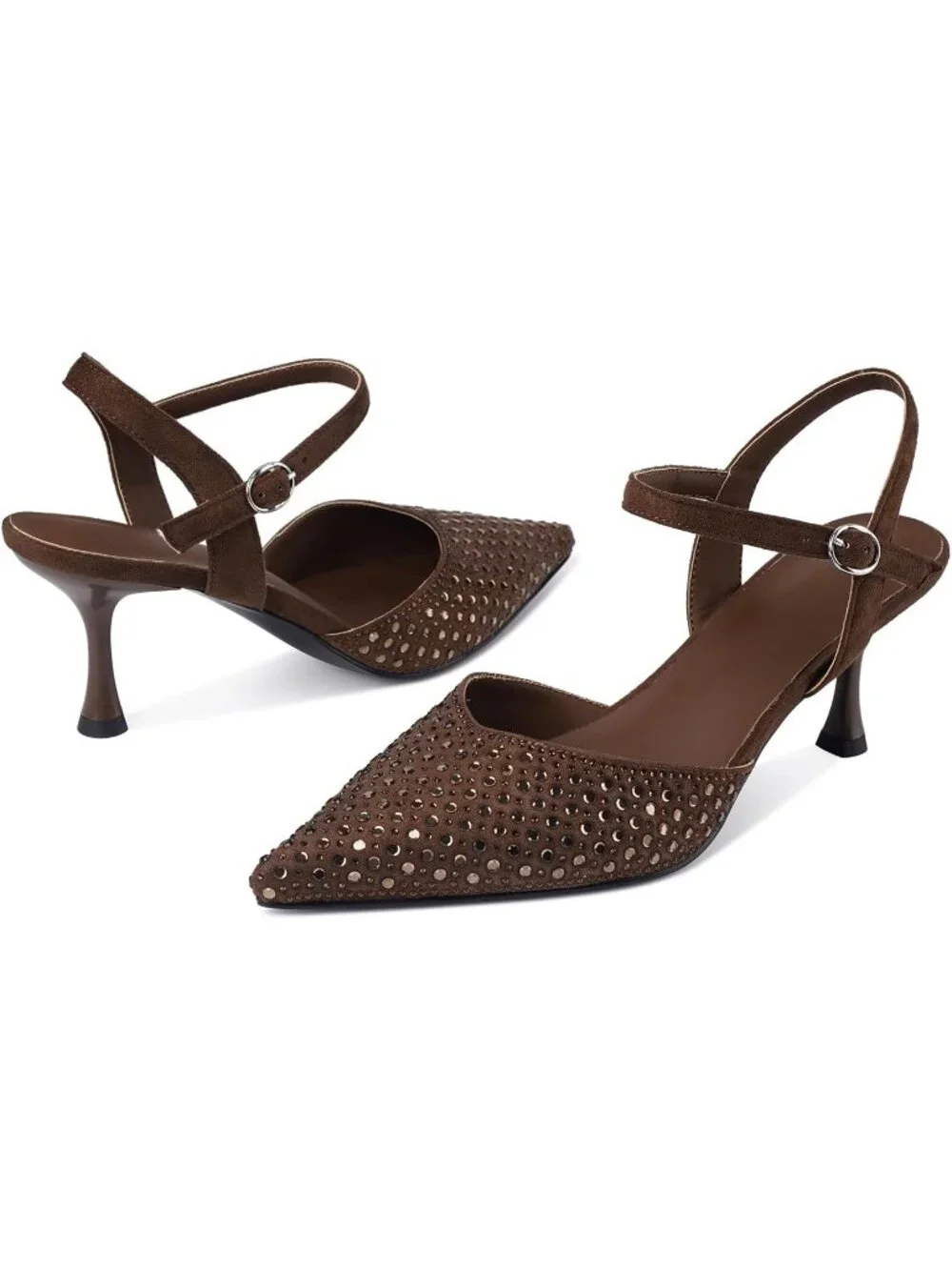 Women's Brown Faux Suede Rhinestone Ankle Strap Closed Toe Kitten Heels Pumps
